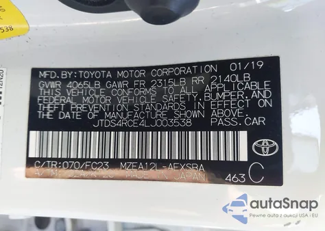 2020 Toyota Corolla Se from USA, damaged, VIN JTDS4RCE4LJ003538